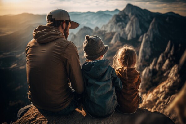 Father and his two young children enjoying a mountain view, representing the family focus of Brown Family Law